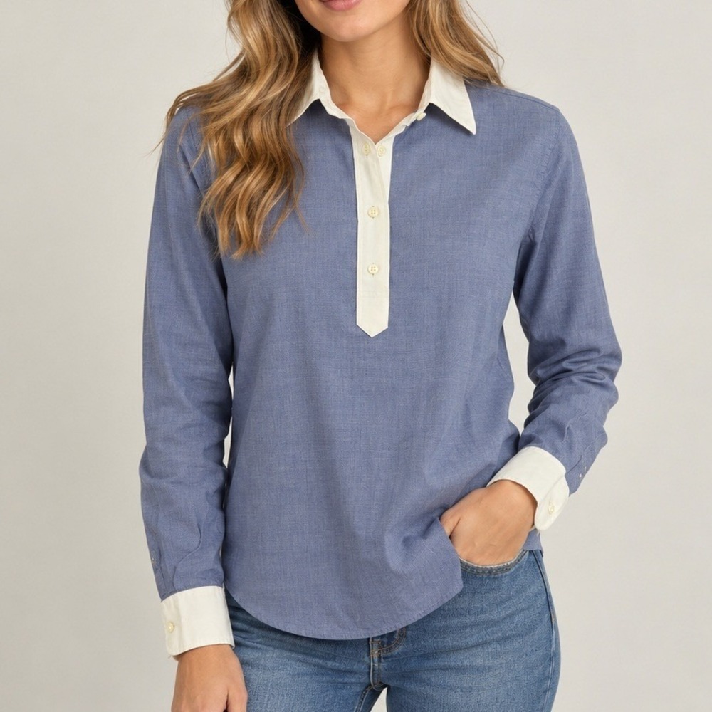 Ann Mashburn Shirt Medium Blue White Contrast Collar Preppy Classic Workwear